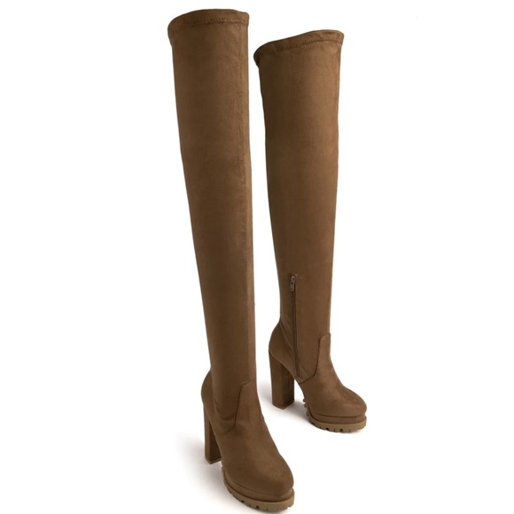 Light Brown Faux Suede Stretchy Thigh High Lug Boots - Picture 4 of 9